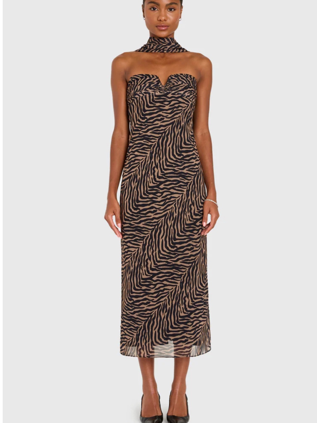 Amanda Uprichard Strapless Zebra-Print Midi Dress In Black And Tan